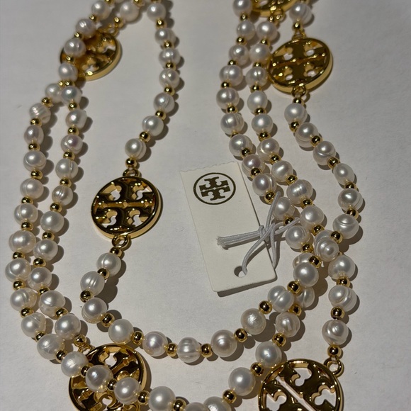 Tory Burch single strand Evie small beads pearl logo long necklace - Picture 4 of 7